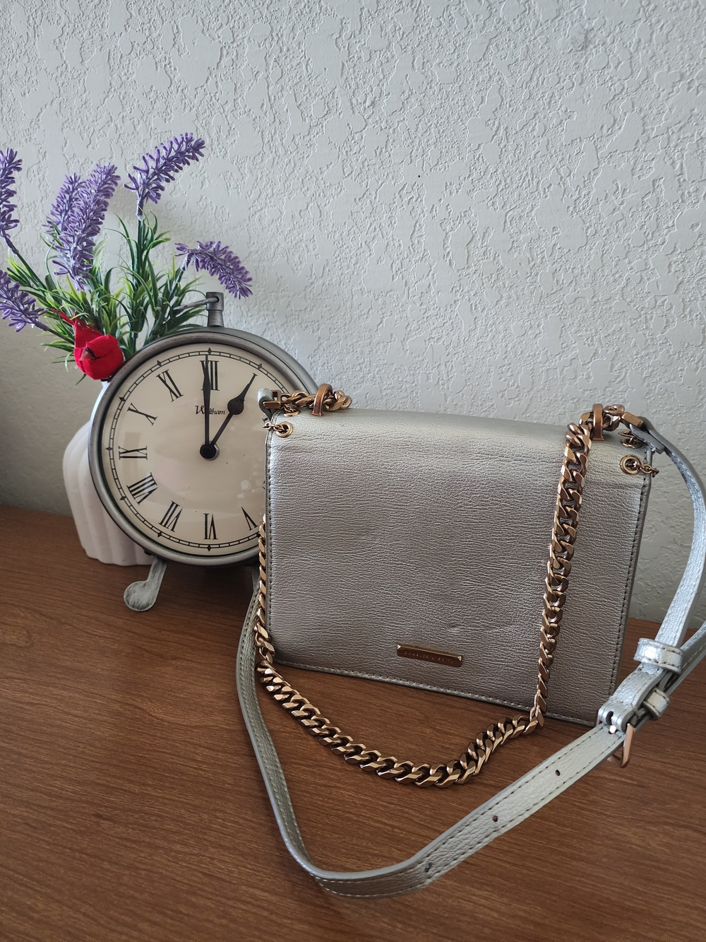 Charles & Keith Metallic Silver Crossbody with Gold Chain NWT